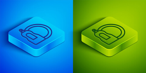 Isometric line Dishwashing liquid bottle and plate icon isolated on blue and green background. Liquid detergent for washing dishes. Square button. Vector