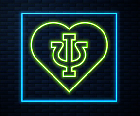 Obraz premium Glowing neon line Psychology icon isolated on brick wall background. Psi symbol. Mental health concept, psychoanalysis analysis and psychotherapy. Vector