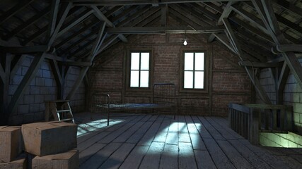 An old abandoned attic with dusty windows. A classic scene from a horror movie. Photorealistic 3D illustration