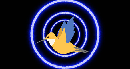 Image of bird over neon circles on black background