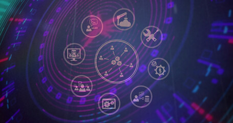 Image of digital icons over glowing neon tunnel background