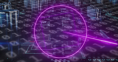 Image of neon shapes moving over network of connections