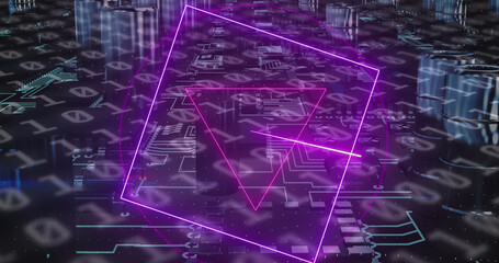 Image of neon shapes moving over network of connections
