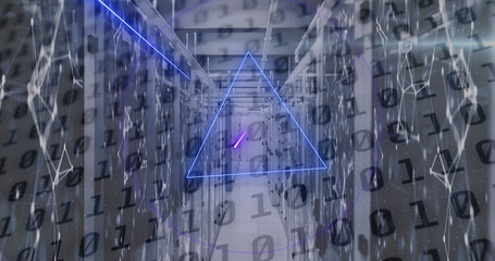 Image of neon shapes moving over server room