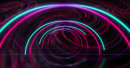 Image of pink and blue neon arch and swirls moving on black background