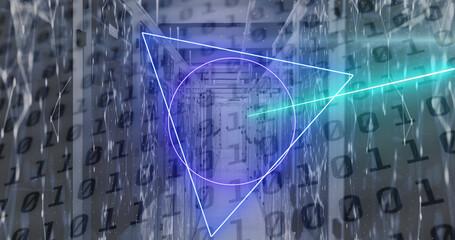 Image of neon shapes moving over server room