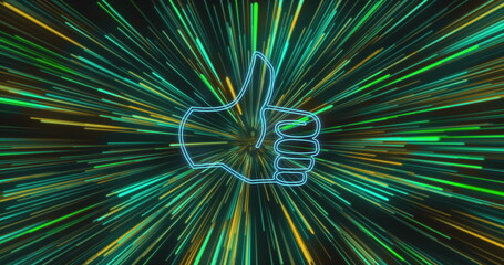 Obraz premium Image of neon social media thumbs up flickering icon on green light trails background