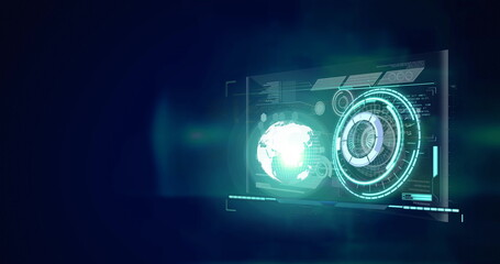 Neon round scanner spinning over digital interface with data processing against blue background