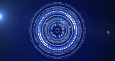Digital image of spot of light and neon round scanner spinning against blue background