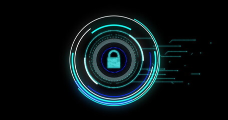 Security padlock icon over blue neon round scanner against black background