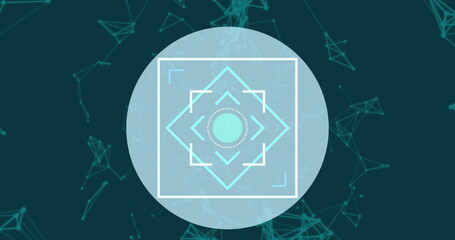 Neon square shapes over circle against network of connections on green background