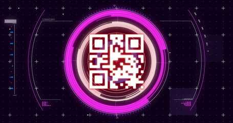 Digital image of qr code scanner over neon round scanner on blue background
