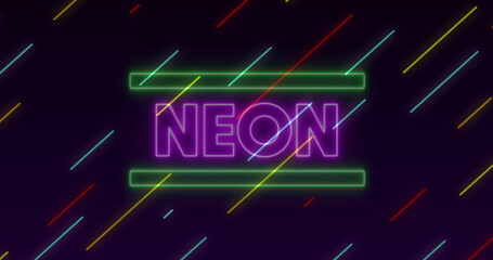 Image of the word neon in pink neon letters with diagonal coloured lines moving on black