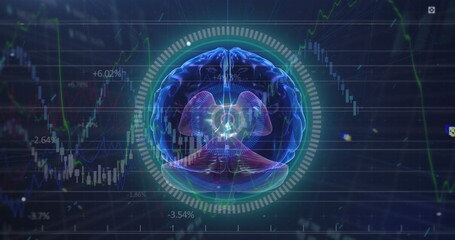 Human brain spinning over round neon scanner against stock market data processing on blue background