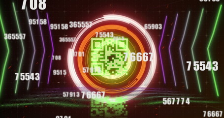 Image of qr code, scope scanning and numbers changing over neon elements in background