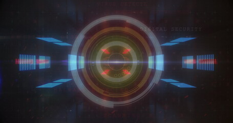 Image of glowing neon blue and red rectangles with scope scanning