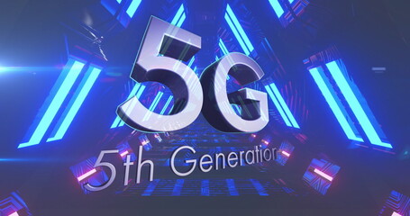 Image of 5g 5th generation text over blue neon glowing tunnel in background
