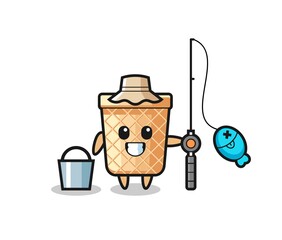 Mascot character of waffle cone as a fisherman
