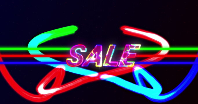 Image of sale text in glowing colourful letters over neon lines and light trails