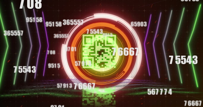 Image of qr code, scope scanning and numbers changing over neon elements in background