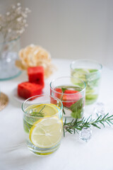 Fototapeta premium 3 different infused juice for detox and healthy. Lime juice, orange juice, watermelon juice on white background