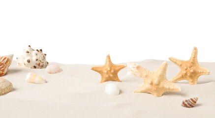Fototapeta na wymiar Beautiful sea stars and seashells in sand on white background