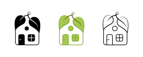 House icon set with creative leaf. Contains Symbols such as Leaf, House. Vegan, healthy lifestyle logo design. Editable Stroke. Colored, silhouette and linear icon set.