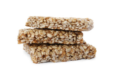 Delicious sweet kozinaki bars on white background