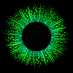 Colorful abstract acrylic splashes in rounded shape with free space for text on black background. Gradient frame in green colors.  Free flowing cells. Pouring.