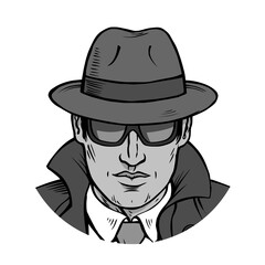 Man detective investigating. Dressed in a retro raincoat and hat. Wearing black glasses. Cartoon black and white illustration pop art. Hand drawn outline