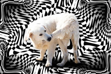 Dog biting his tail against surreal abstract black and white 3D curves.