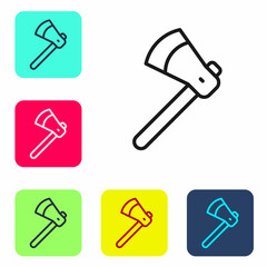 Black line Wooden axe icon isolated on white background. Lumberjack axe. Set icons in color square buttons. Vector