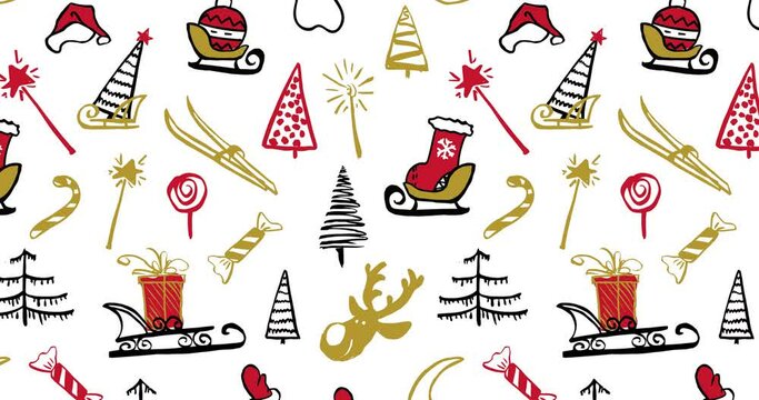 Christmas seamless pattern with traditional character set on white background. Animation winter xmas illustration. 4K footage video card moving from left to right or from top to bottom