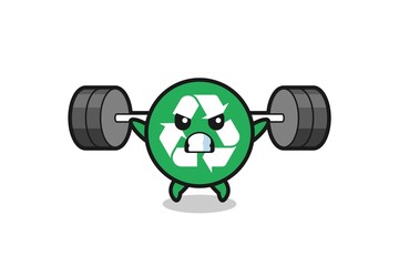 recycling mascot cartoon with a barbell