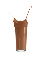 Tasty chocolate milk splashing out of glass isolated on white