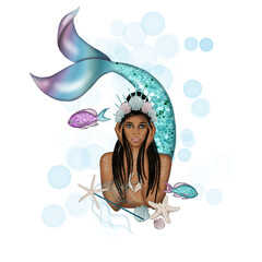 Sea Life | Afro Mermaid | Hand Drawn Illustration