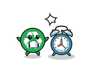 Cartoon Illustration of recycling is surprised with a giant alarm clock