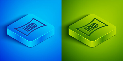 Isometric line Hd movie, tape, frame icon isolated on blue and green background. Square button. Vector