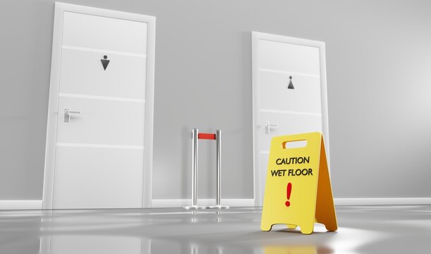 Public toilet doors for women and men with yellow sign caution wet slippery floor in hallway, perspective view. Realistic empty interior hall with grey walls and entrance in restroom, 3d render