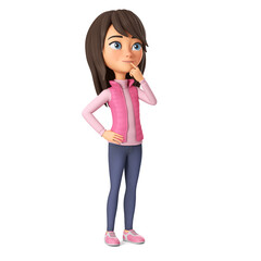 Fototapeta premium Character cartoon beautiful girl in a pink jacket thinks. 3d render illustration.
