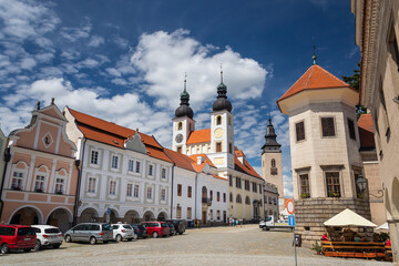 Fototapeta na wymiar Telc cityscape in Czech republic, street view of the Church of the Name of Jesus