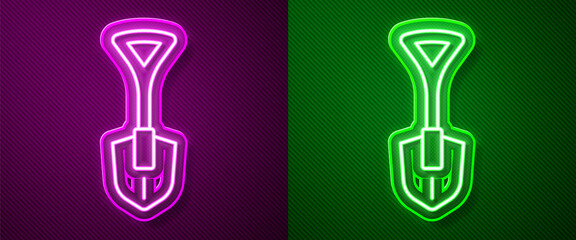 Glowing neon line Shovel icon isolated on purple and green background. Gardening tool. Tool for horticulture, agriculture, farming. Vector
