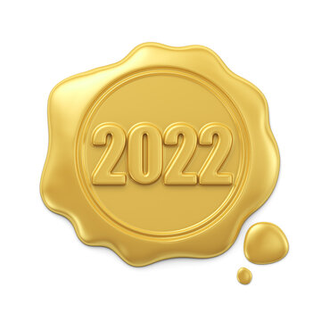 New Year 2022. Holiday illustration of a gold wax seal with the numbers 2022. 3D render.