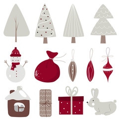 Set of christmas new year winter elements. Christmas tree, decorations, gift box, snowman, house, rabbit