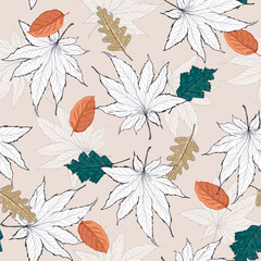 Fototapeta na wymiar Autumn leaves seamless pattern illustration in vector EPS 10, with trendy pastel colour palette ,Design for fashion , fabric, textile, wallpaper, cover, web , wrapping