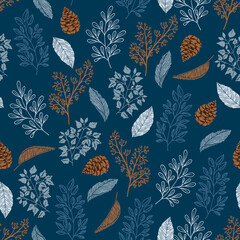 Fototapeta premium Seamless pattern with Autumn leaves and pine cone with line doodle hand drawn style .Vector illustration EPS10 ,Design for fashion , fabric, textile, wallpaper, cover, web , wrapping and all prints