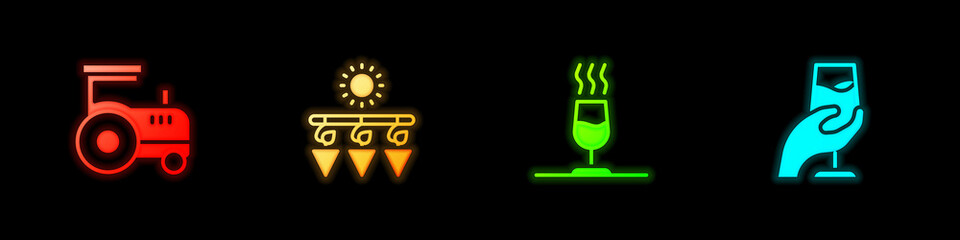 Set Tractor, Drying grapes, Wine tasting, degustation and icon. Vector