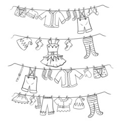 Clothes are hung on a hanger. Christmas decor. Doodle style outfit for Santa's helper elves. Vector illustration isolated on white background.