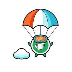 check mark mascot cartoon is skydiving with happy gesture
