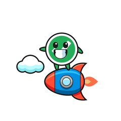check mark mascot character riding a rocket
